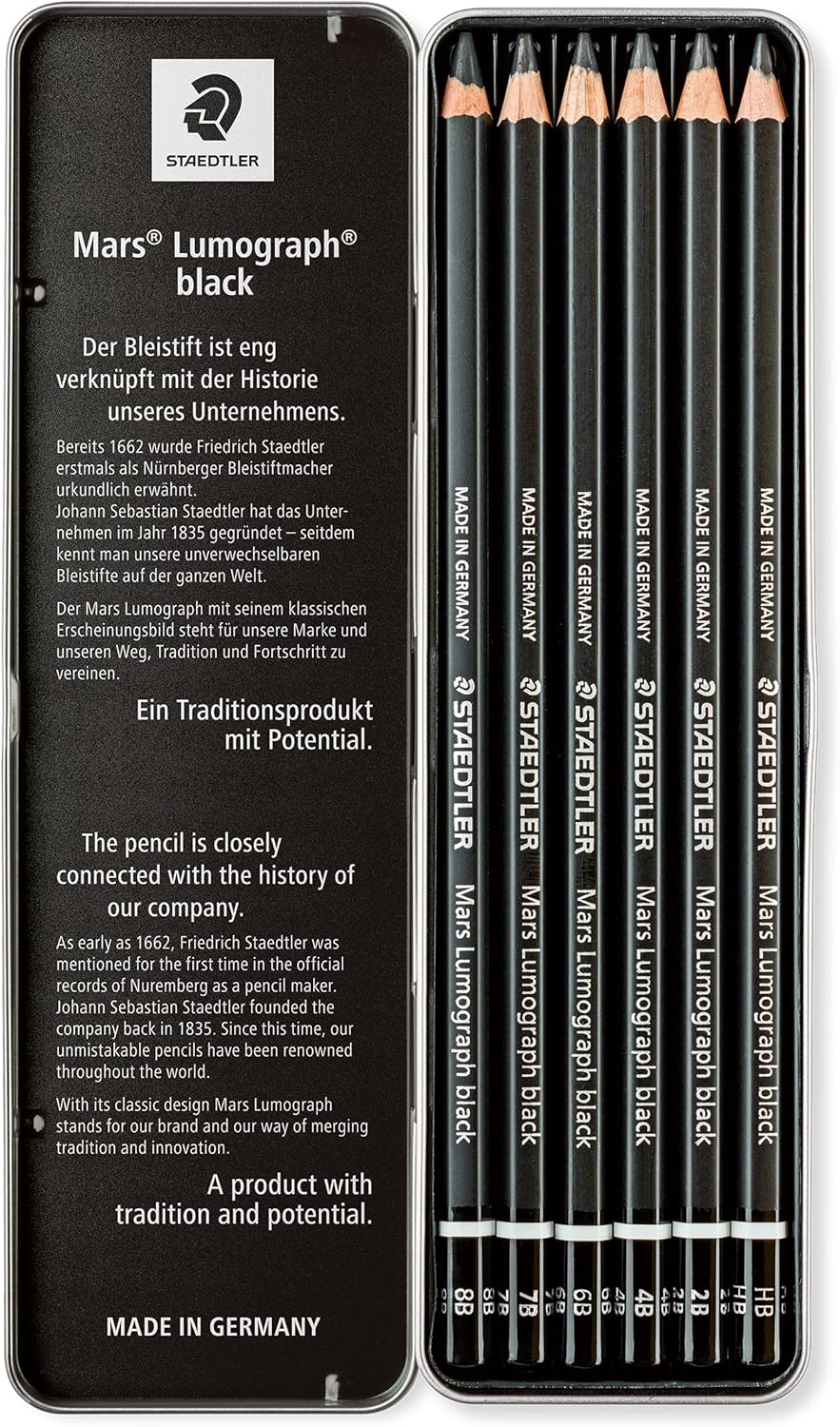 Staedtler mars lumograph graphit pencil pack of 6 pencils in metal box - black